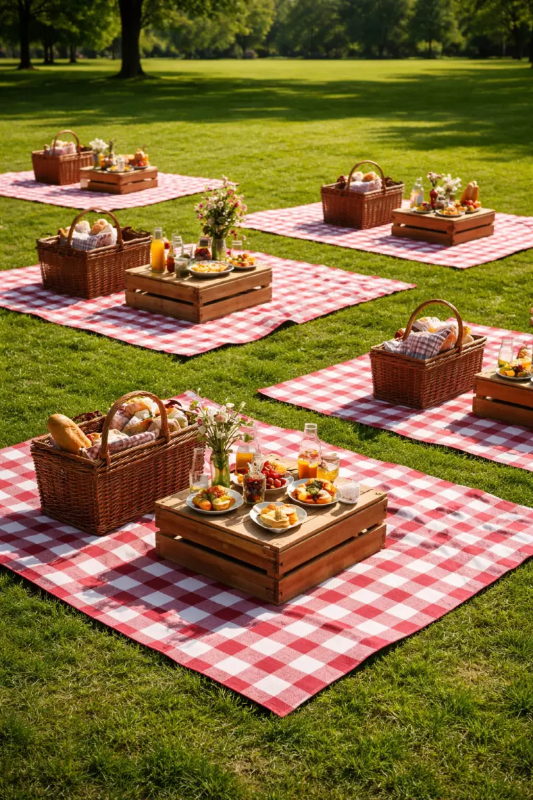 A realistic photo of several large red checkered picnic blankets on a green lawn with brown wicker baskets and small wooden crates used as low tables.