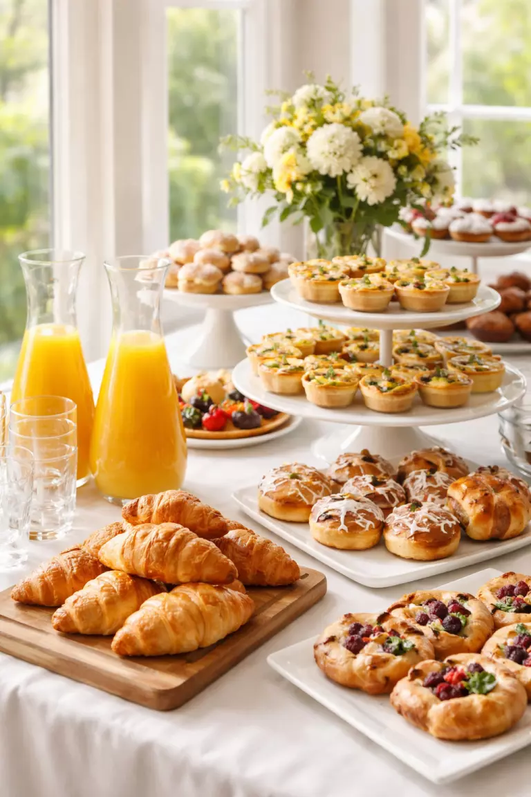 A realistic photo of a bright morning reception table with a variety of pastries, clear carafes of orange juice, and a white tiered stand holding small quiches.