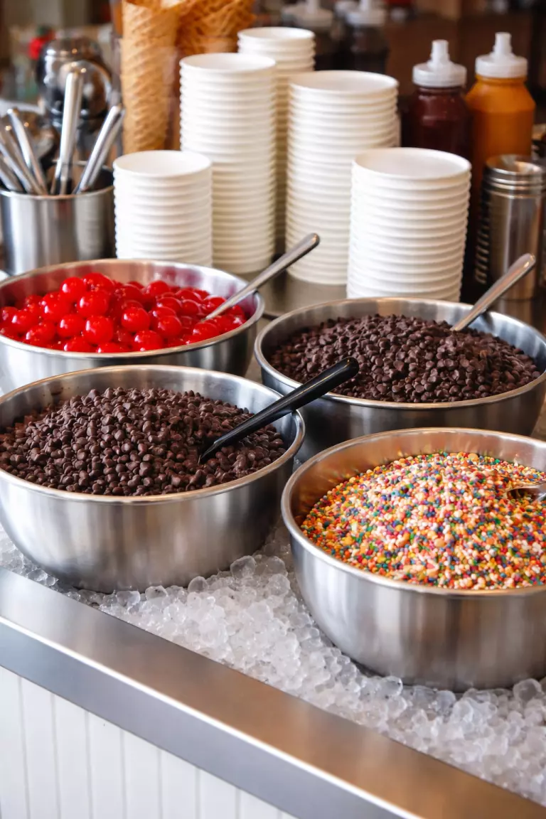 A realistic photo of an ice cream station with large silver bowls for toppings like red cherries, chocolate chips, and rainbow sprinkles next to white paper cups.