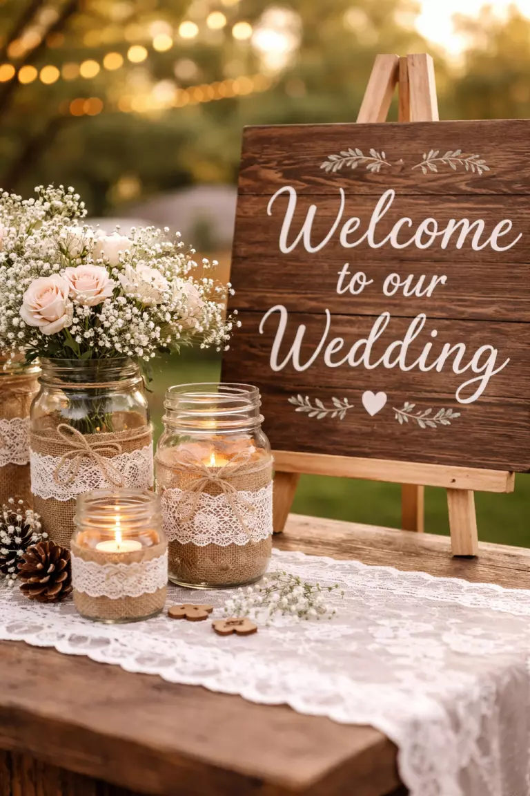 A realistic photo of handmade wedding decorations including clear mason jars wrapped in tan burlap and white lace sitting on a table next to a hand painted wooden welcome sign.