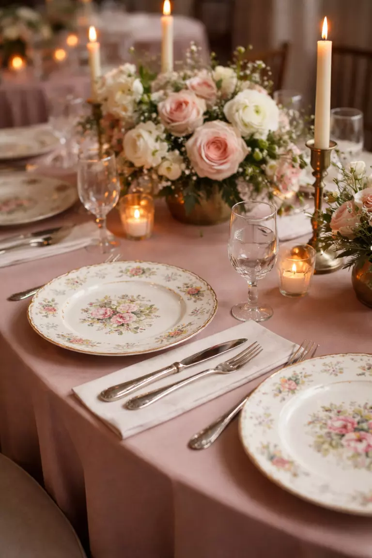 A realistic photo of a wedding reception table featuring mismatched vintage floral china plates and silver silverware on a dusty rose tablecloth.
