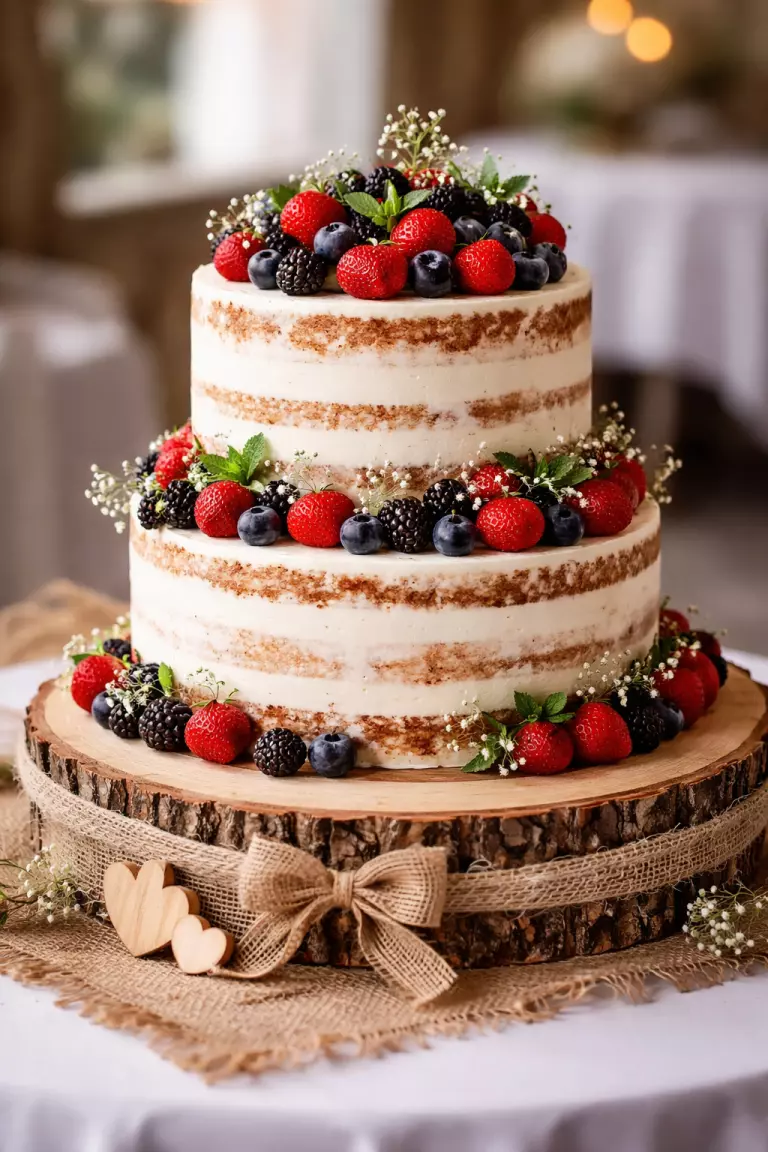 A realistic photo of a semi naked wedding cake with thin white frosting, fresh berries, a wooden tree slice cake stand, and burlap decorations.