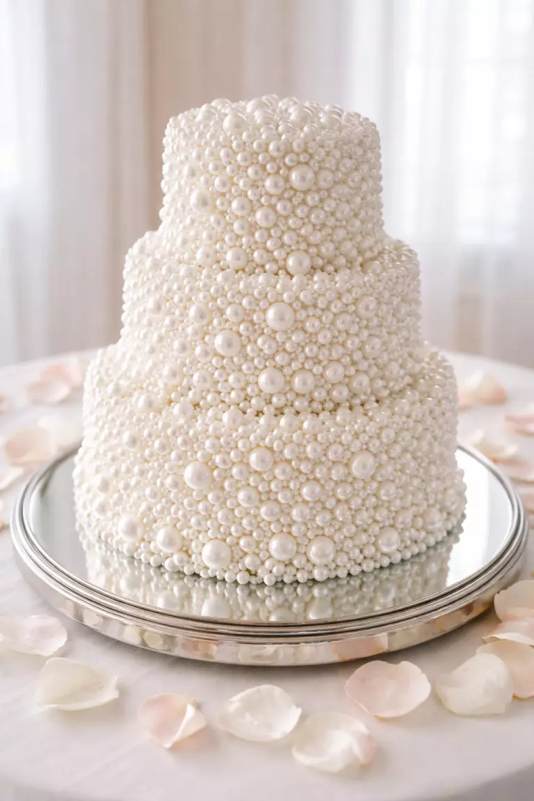 A realistic photo of a white wedding cake completely covered in edible sugar pearls of various sizes, a mirrored cake plate, and silk flower petals scattered around.