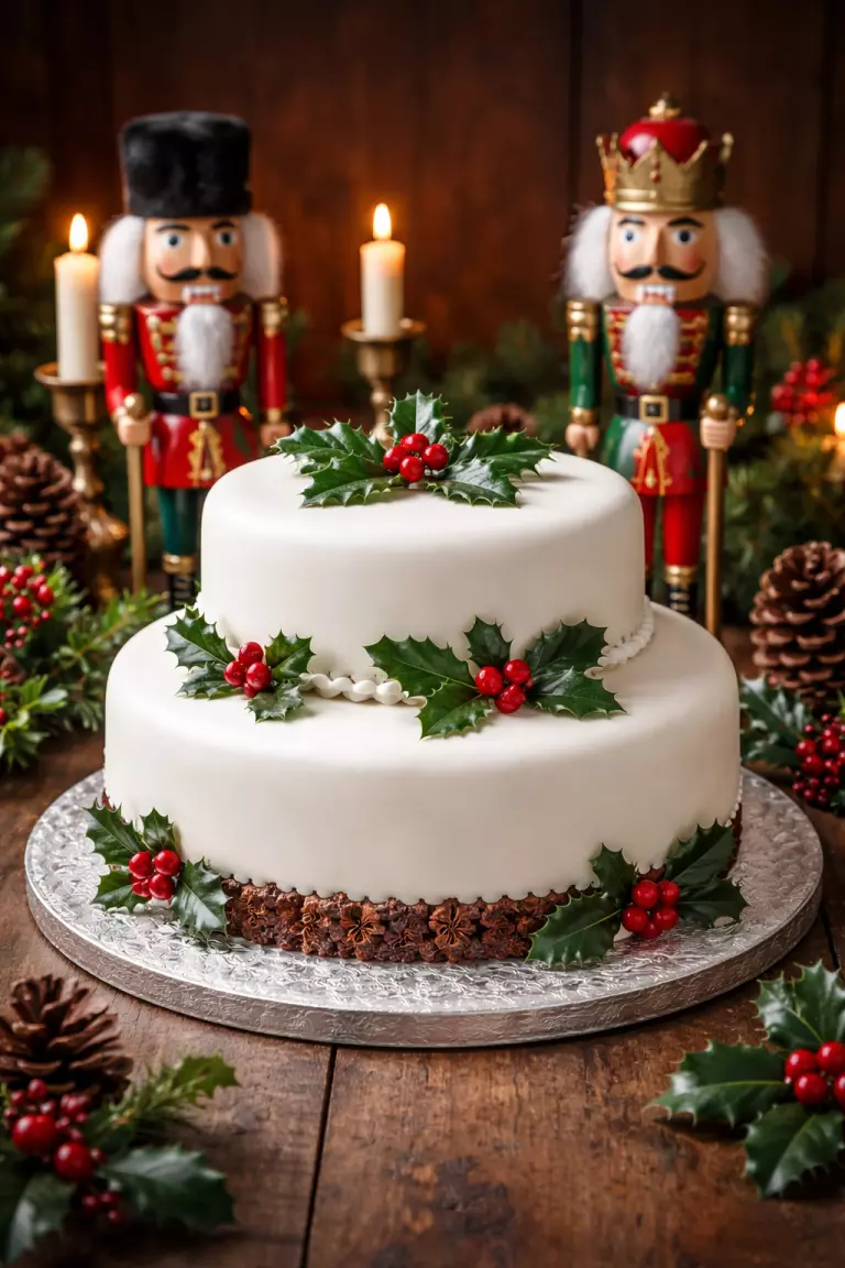A realistic photo of a dark, rich tiered fruitcake with white marzipan icing, simple holly decorations, a silver cake board, and vintage nutcrackers.