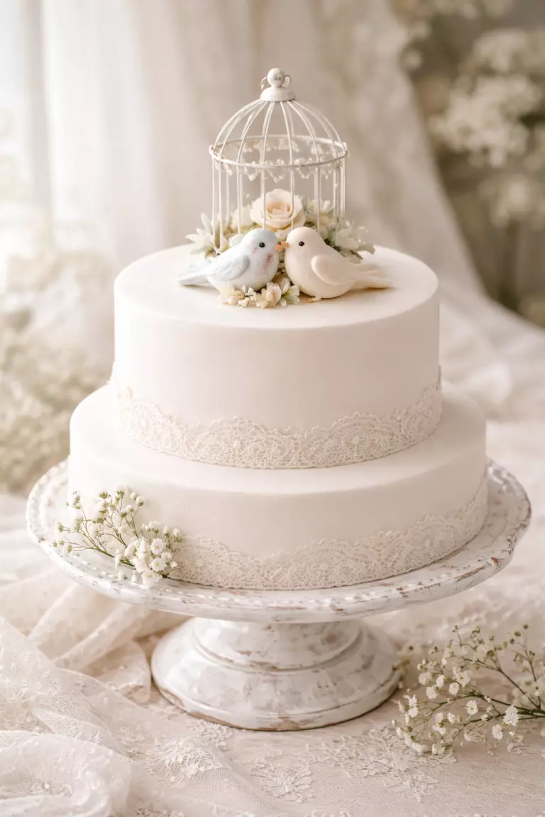 A realistic photo of a simple white tiered cake topped with a small white metal birdcage, sugar birds, a vintage pedestal stand, and soft lace accents.