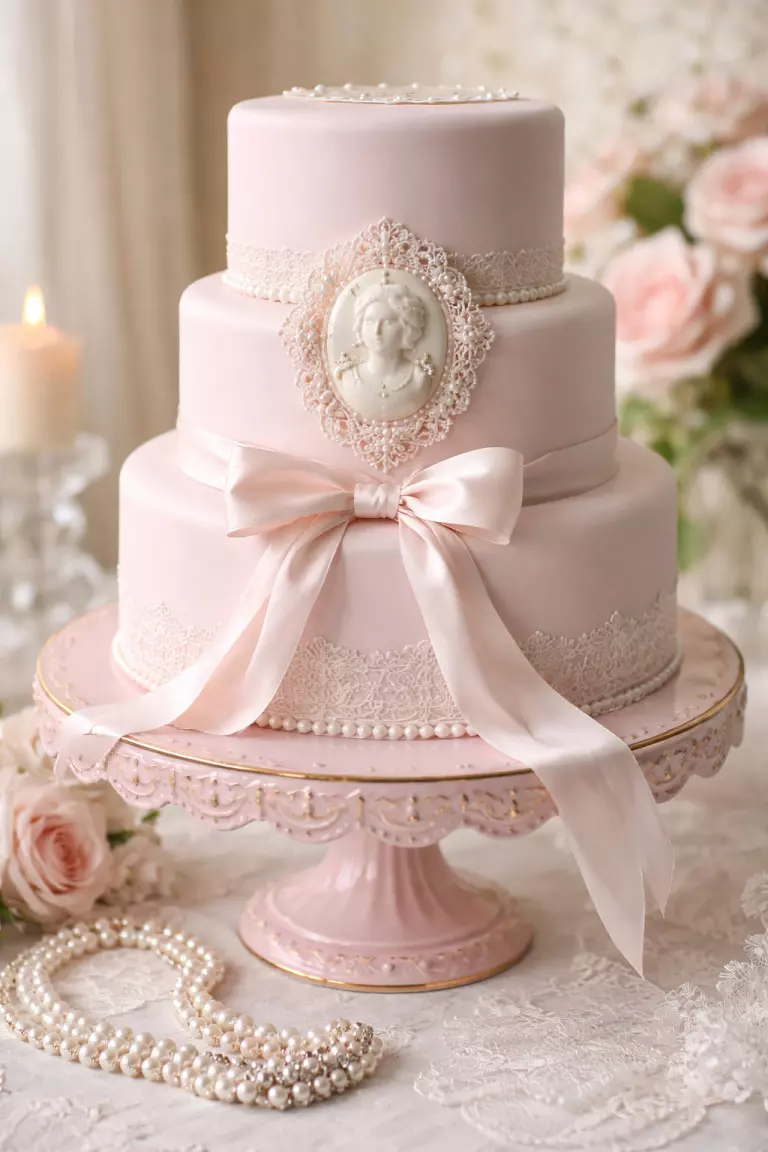 A realistic photo of a pale pink wedding cake featuring an edible white cameo brooch on the middle tier, silk ribbons, a decorative pink cake stand, and a vintage pearl necklace draped on the table.