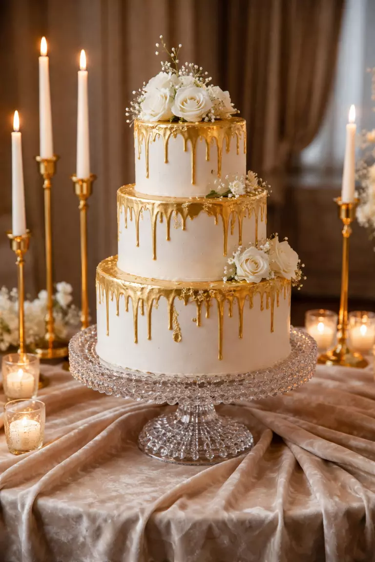 A realistic photo of a white wedding cake dripping with edible gold leaf, a crystal cake stand, gold candles in tall holders, and velvet table decorations.