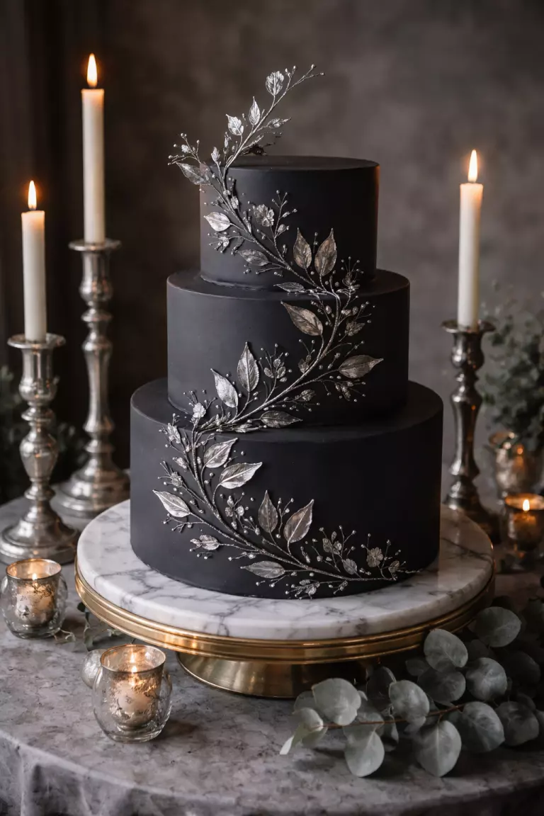 A realistic photo of a dark grey wedding cake with metallic silver leaves and vines, a marble cake stand, and antique silver candlesticks.