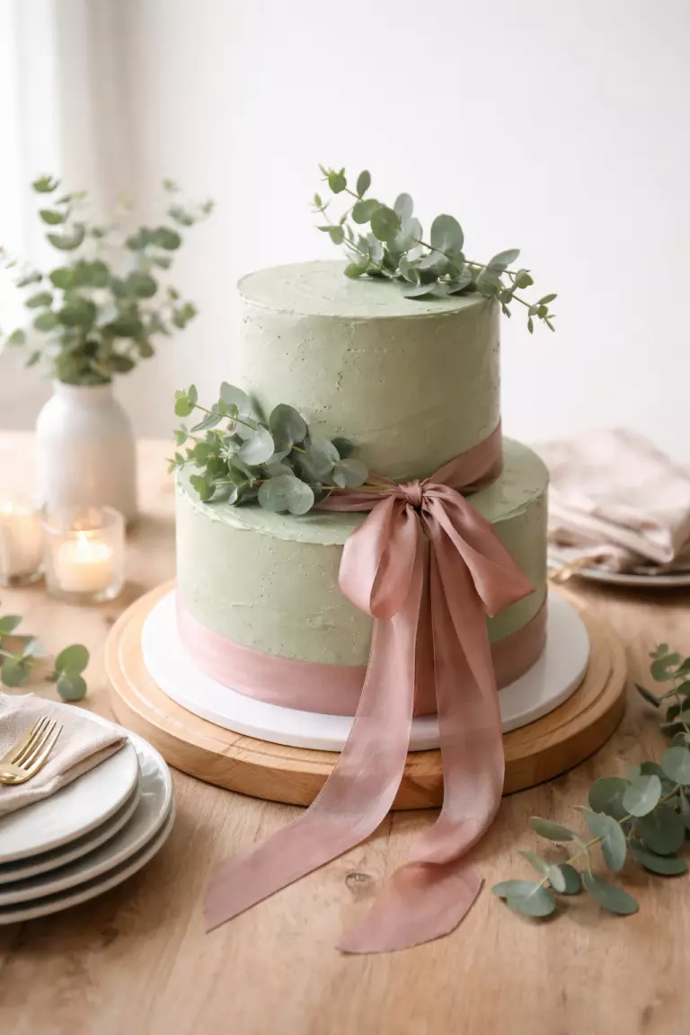 A realistic photo of a two tier cake with sage green frosting and dusty rose silk ribbons, fresh eucalyptus sprigs, a light wood table, and ceramic plates.