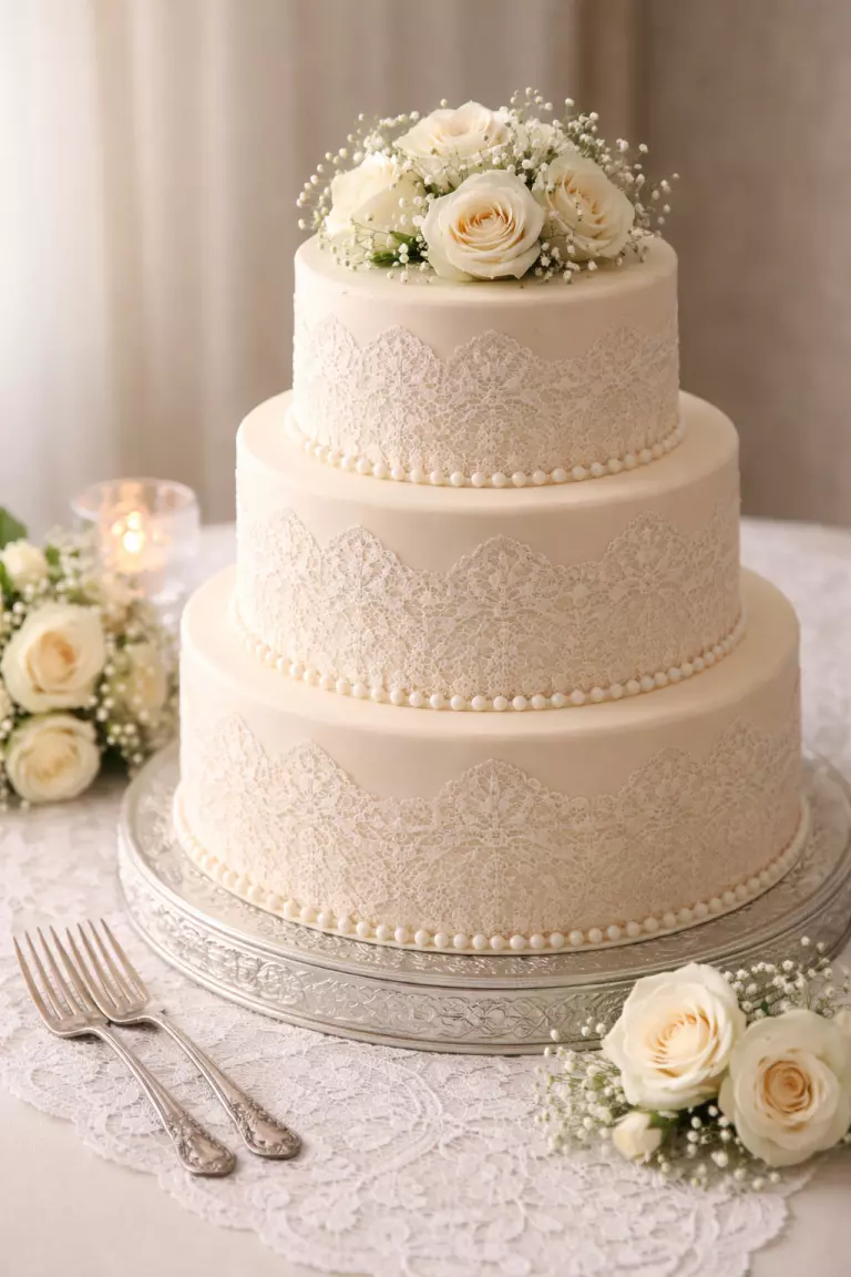 A realistic photo of a cream colored wedding cake with edible lace details wrapping each tier, pearl sugar beads, a white lace table runner, and antique silver forks nearby.