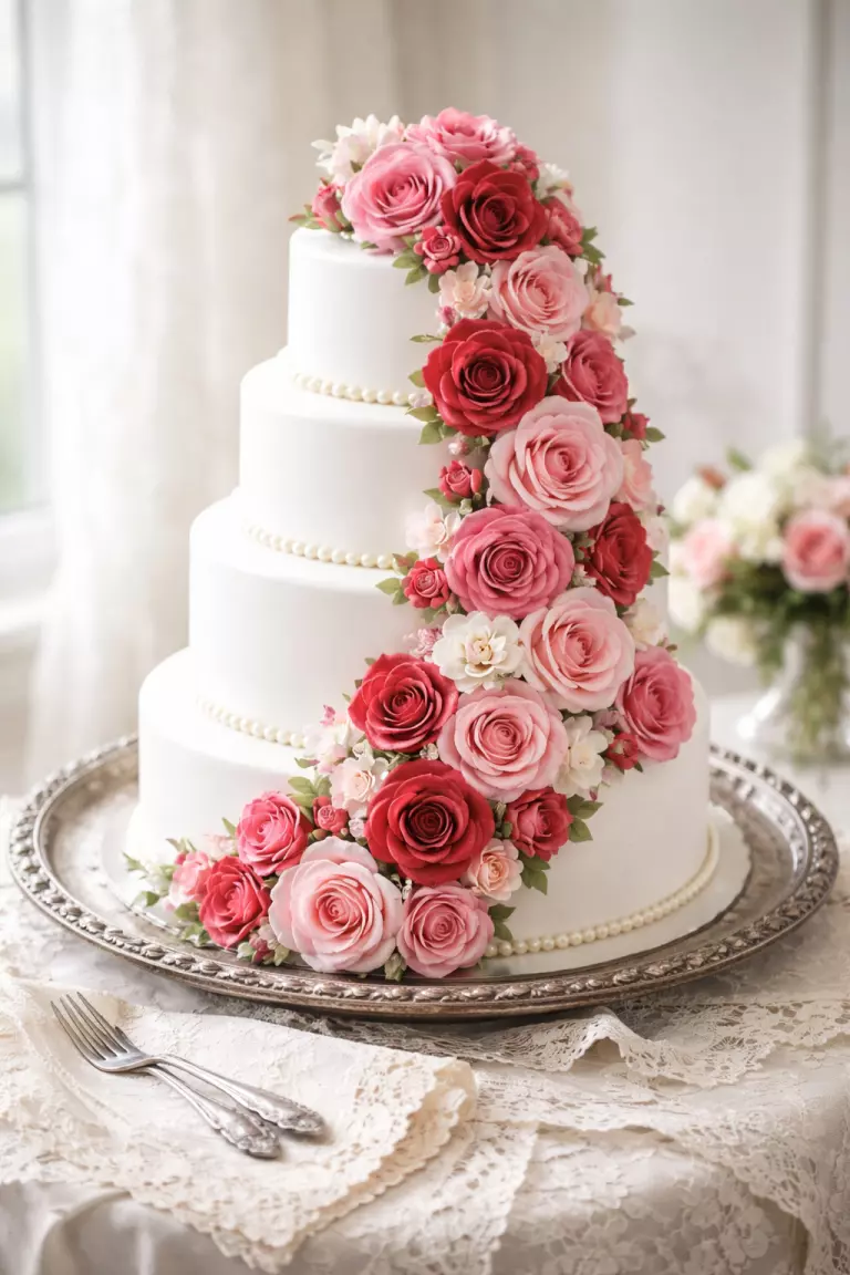 A realistic photo of a four tier white cake with a waterfall of pink and red sugar roses, a silver tray, and vintage lace napkins.