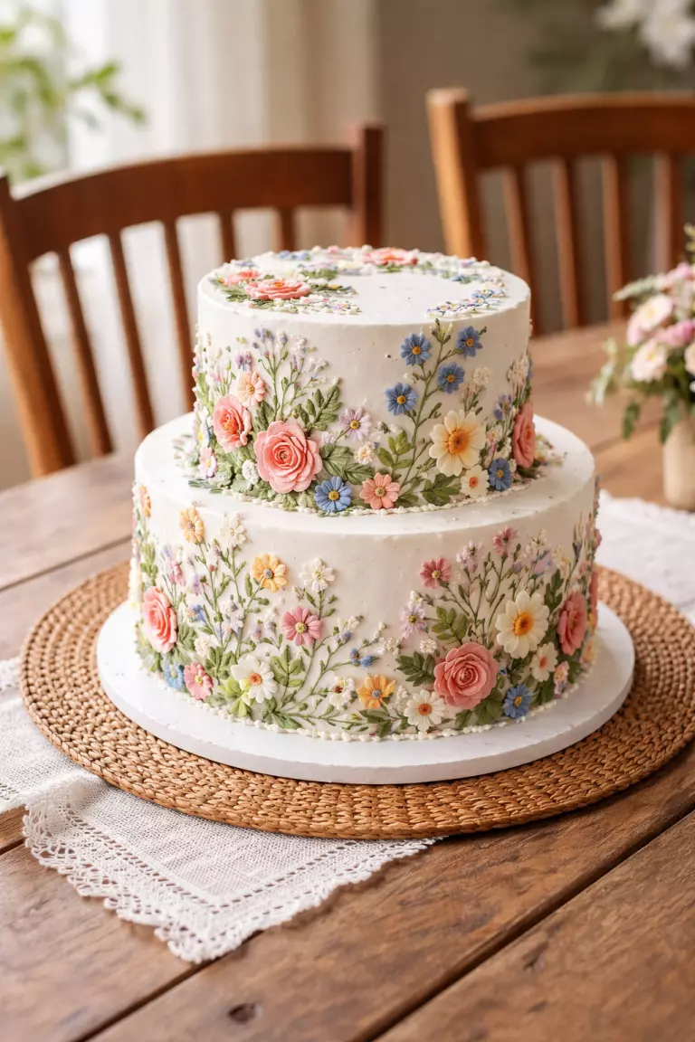 A realistic photo of a white wedding cake with colorful edible frosting flowers that look like hand stitched embroidery, a woven table mat, and wooden chairs.