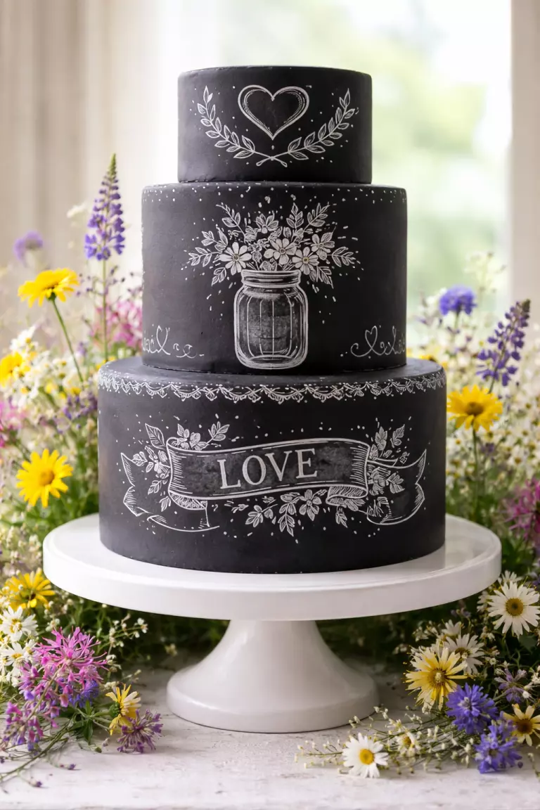 A realistic photo of a black tiered cake styled as a chalkboard with white edible chalk drawings of vintage motifs, a simple white cake stand, and colored wildflowers.