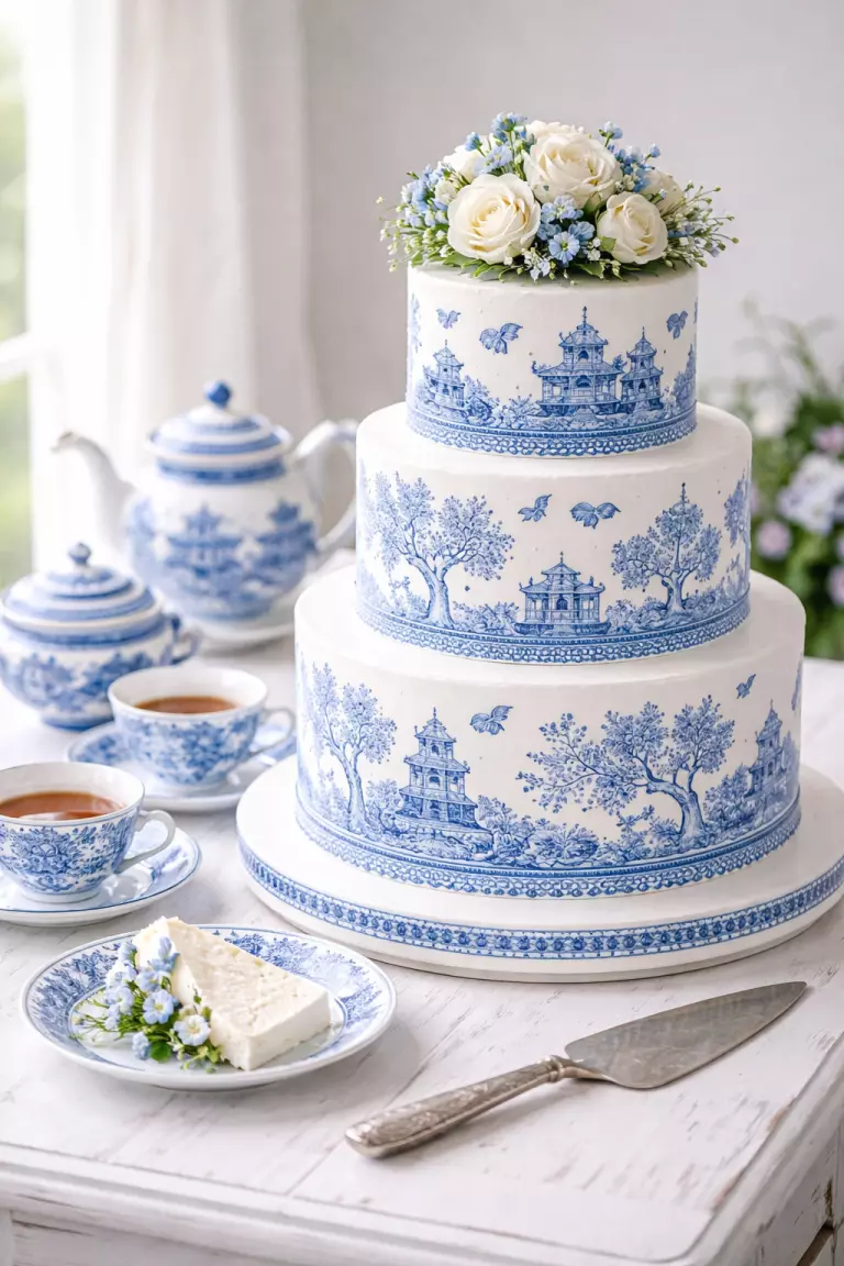 A realistic photo of a white wedding cake with intricate blue patterns mimicking blue willow china, a vintage blue tea set, and a white wooden table.