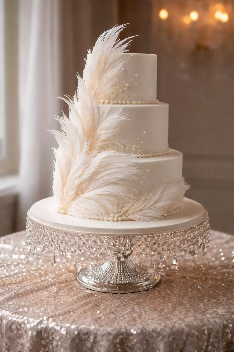 A realistic photo of a white wedding cake with edible ostrich feather designs made of sugar, pearl accents, a crystal cake stand, and a vintage sequin tablecloth.