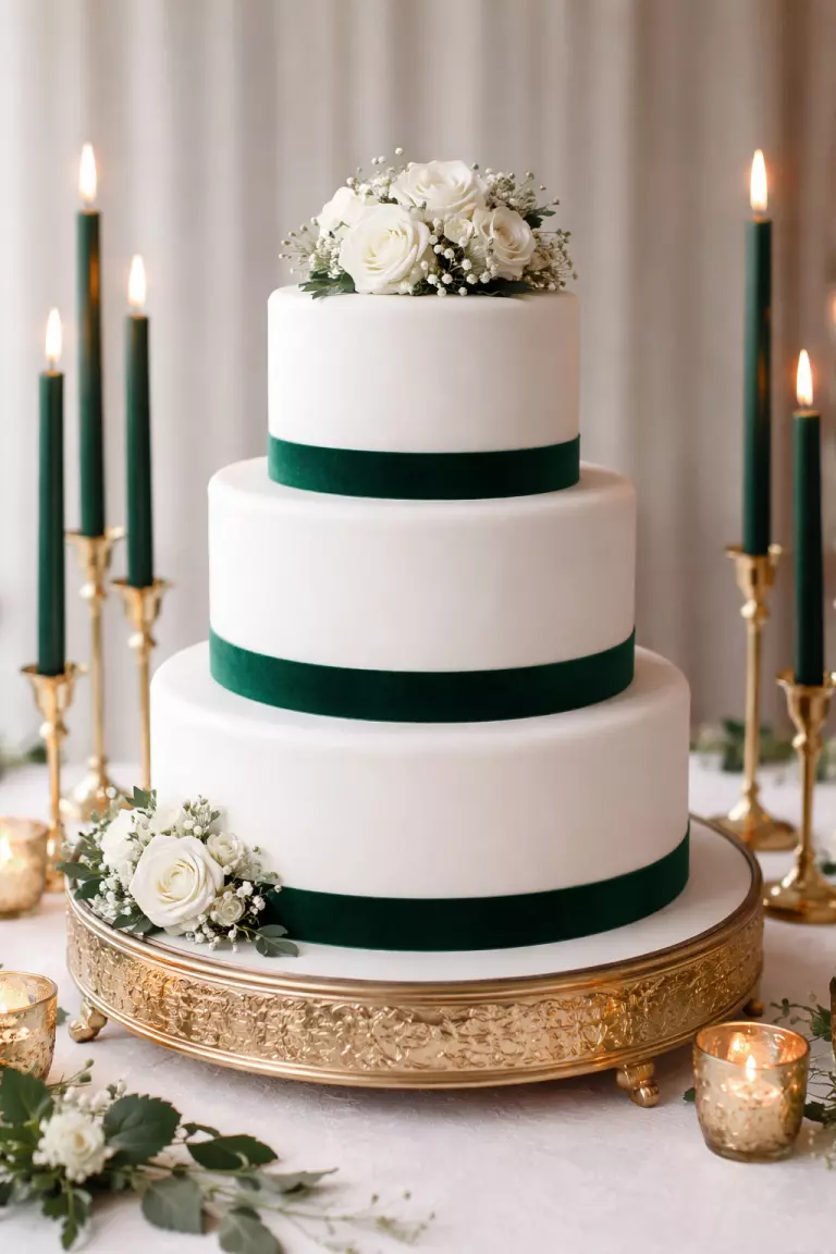 A realistic photo of a plain white three tier wedding cake with thick emerald green velvet ribbons at the base of each tier, a gold cake stand, and emerald green candles.