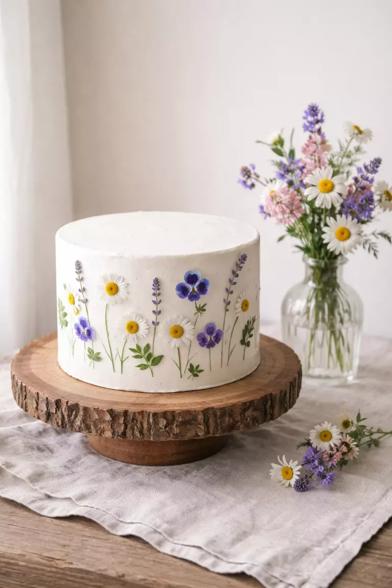 A realistic photo of a minimal white cake decorated with real pressed edible wildflowers, a rustic wooden cake stand, and a vintage glass vase with flowers.