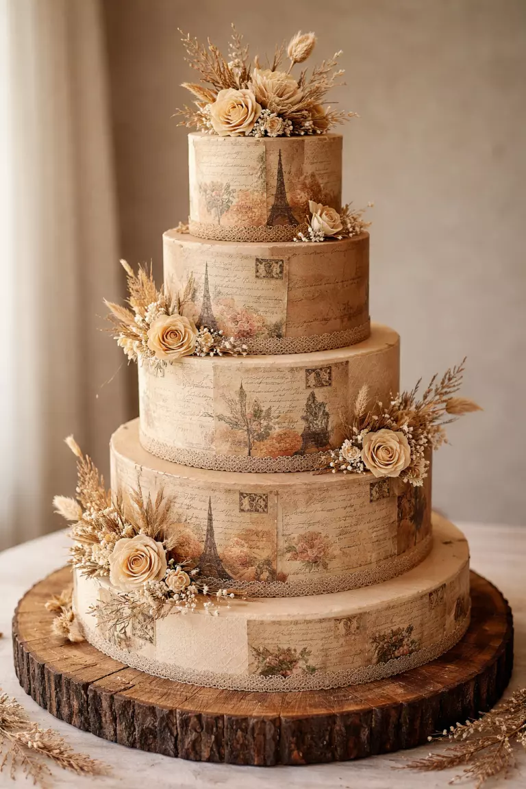 A realistic photo of a tall wedding cake in shades of tan and brown, vintage postcard designs printed on edible paper, a wooden cake slice base, and dried flowers.