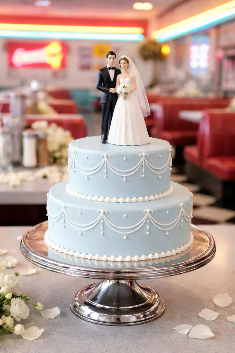 A realistic photo of a small two tier sky blue wedding cake with white piping, a classic bride and groom topper, a chrome cake stand, and a diner style background.