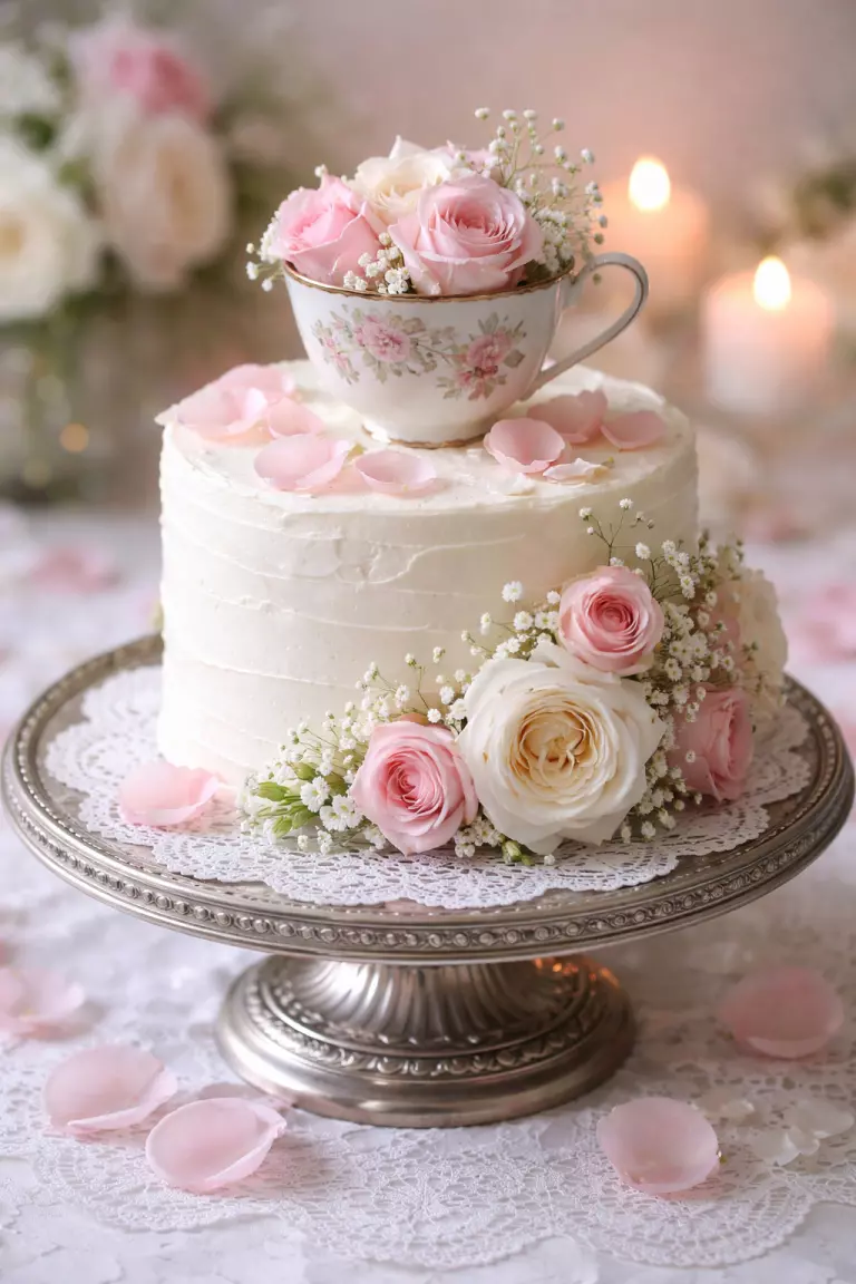 A realistic photo of a small floral wedding cake topped with a vintage porcelain tea cup, real rose petals, a silver pedestal stand, and a lace doily.
