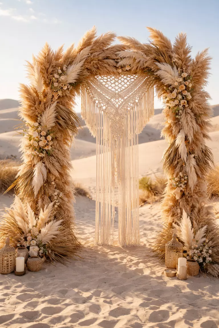 A realistic photo of a wedding arch covered in fluffy tan pampas grass and cream macrame weaving, feathers and dried palm leaves adding tactile layers, a sunny desert dunes background.