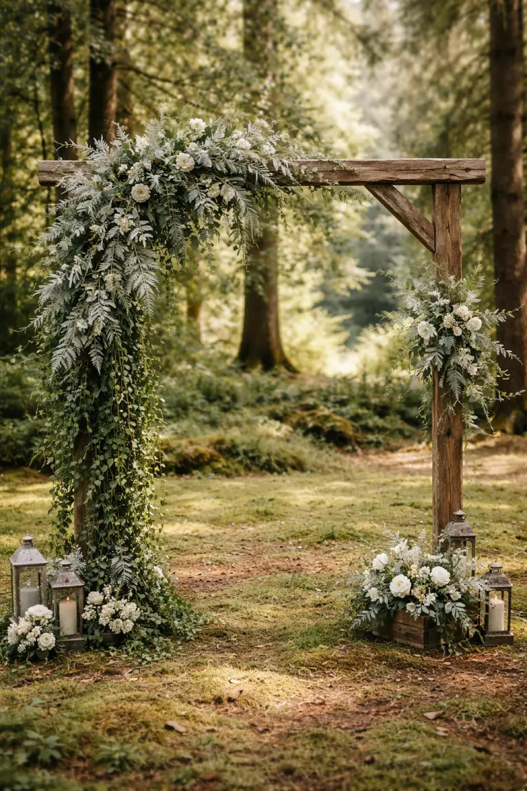 A realistic photo of an unbalanced wedding arch made of green eucalyptus and silver ferns, natural ivy trailing down one side of a rustic wooden frame, organic and wild forest aesthetic.