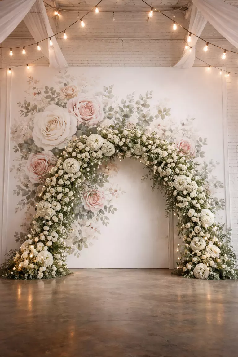 A realistic photo of a large floral mural painted on a white wall that blends into a physical arch with real white roses, a blank canvas warehouse venue with artistic lighting.