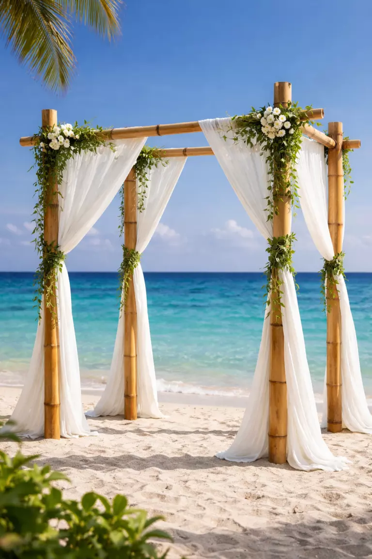 A realistic photo of a natural bamboo wedding arch poles tied with green reusable vines and white recycled cotton fabric, tropical beach setting with clear blue water in the distance.