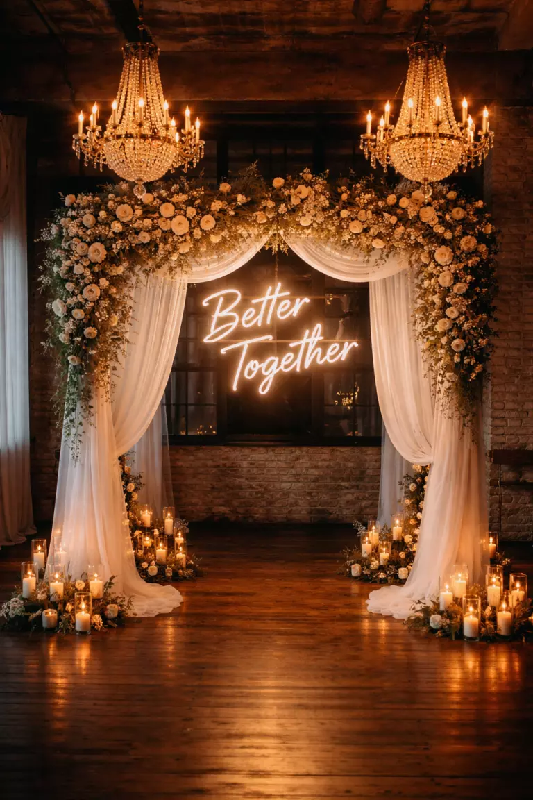 A realistic photo of a wedding arch featuring a warm white neon sign and hanging crystal chandeliers, a dark industrial loft setting with glowing light reflecting off sheer white drapes.