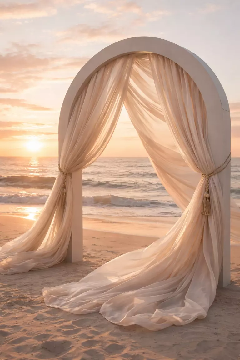 A realistic photo of flowing champagne silk fabric layered over a modern geometric arch, the fabric blowing softly in the wind, elegant drapes tied with gold thread on a sandy beach at sunset.