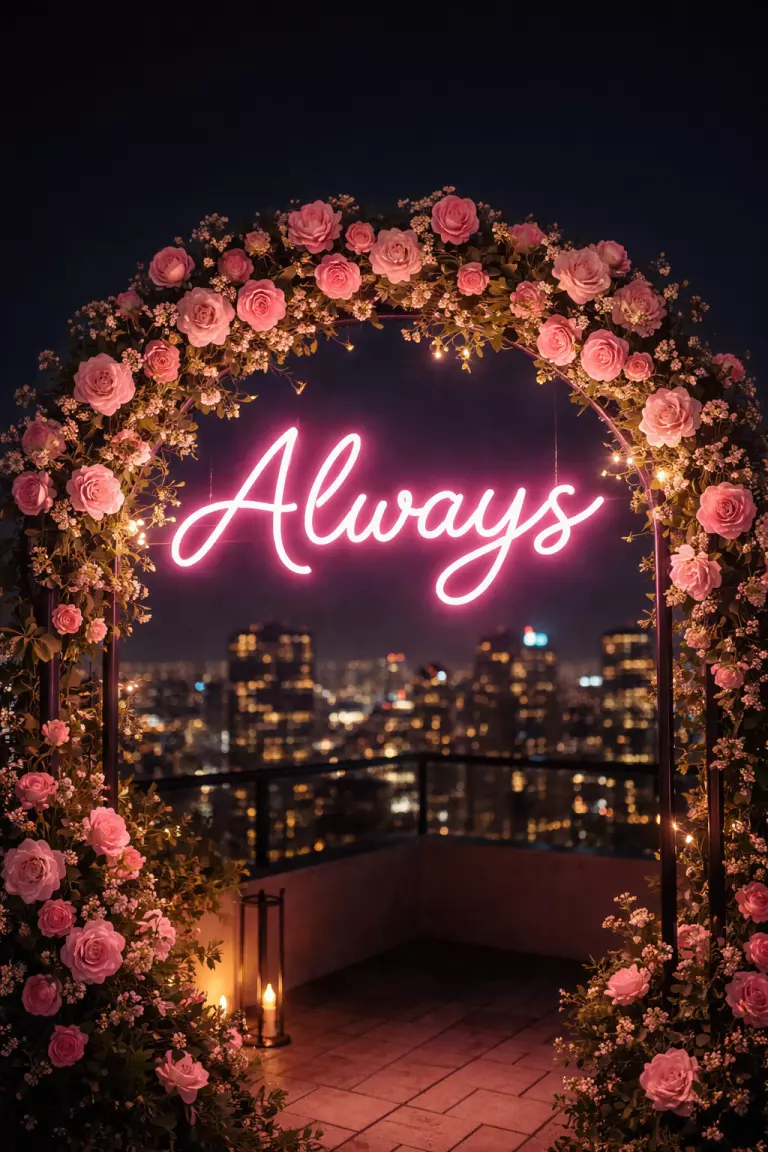 A realistic photo of a pink neon sign saying 'Always' surrounded by pink roses on a black metal arch, nighttime rooftop setting with city lights in the background.
