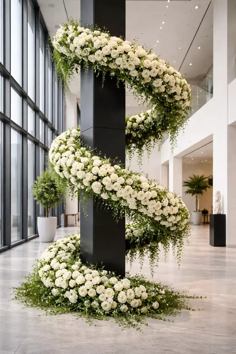 A realistic photo of a large helix-shaped floral installation made of white roses and green vines spiraling around a modern black metal pillar in a tall gallery space.