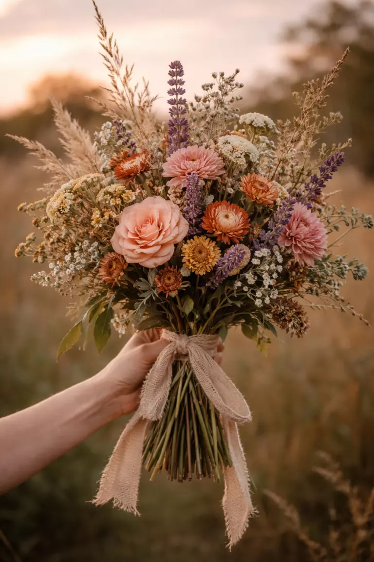 A realistic photo of a wild and organic bridal bouquet featuring locally grown wildflowers, herbs, and seasonal blooms in muted sunset colors tied with a compostable hemp ribbon.