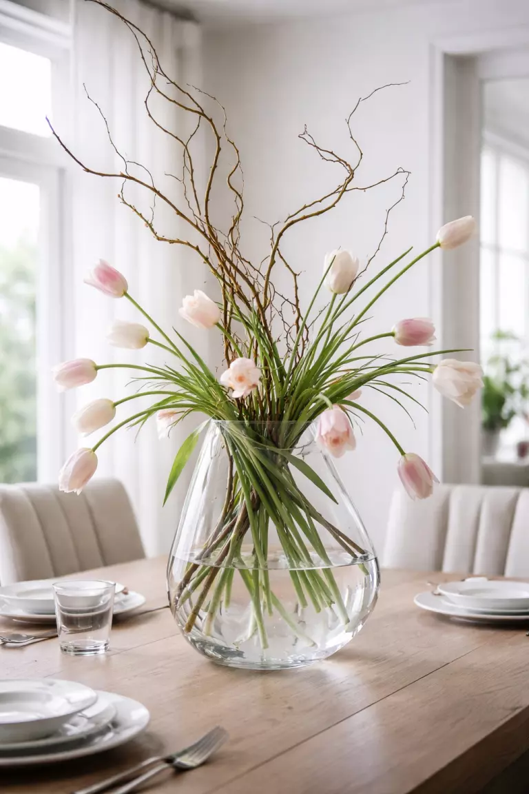 A realistic photo of a dining table centerpiece featuring curly willow branches and long-stemmed tulips in an asymmetrical glass vase, showcasing natural movement and architectural floral design.