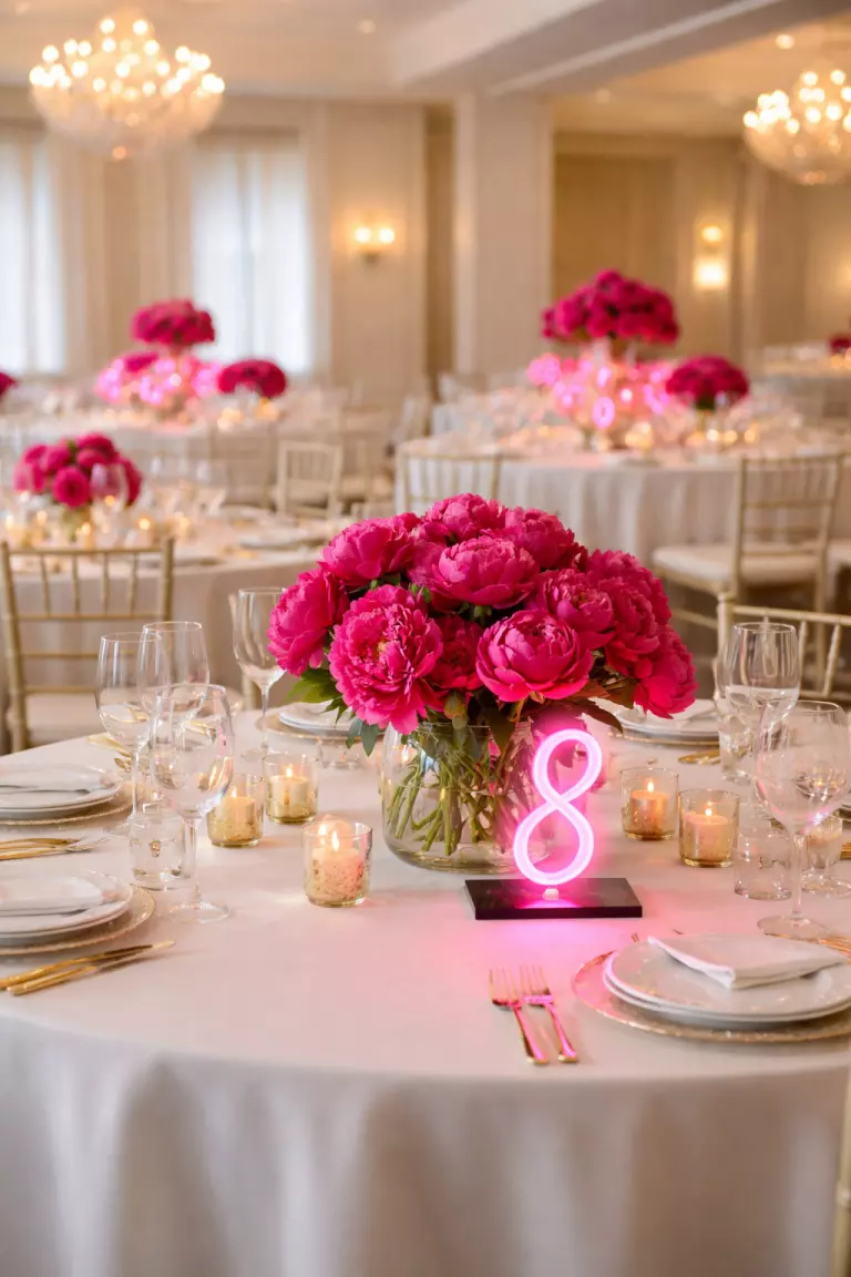 A realistic photo of a neutral wedding reception room with sudden bursts of hot pink provided by fuchsia peonies in glass vases and bright pink neon table numbers.