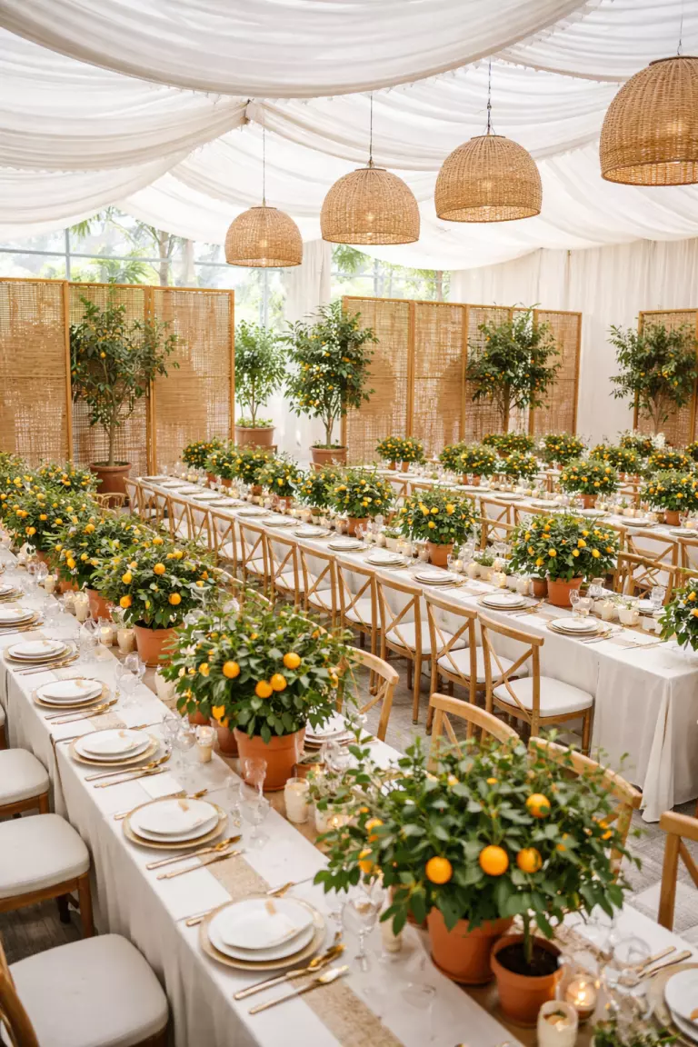 A realistic photo of a modern wedding reception space using modular bamboo screens as dividers and rows of potted citrus trees instead of cut floral arrangements.