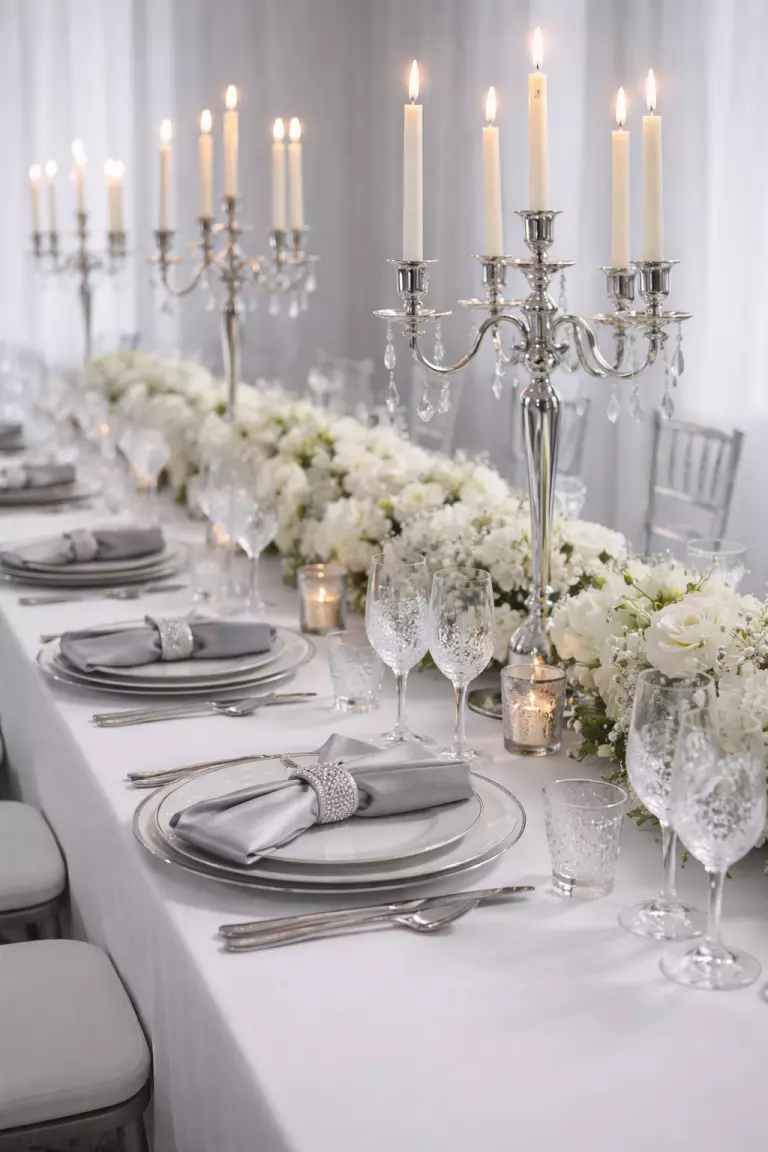 A realistic photo of a wedding table setting with chrome candelabras, silver-rimmed dinner plates, and shimmering grey silk napkins on a minimalist white tabletop.