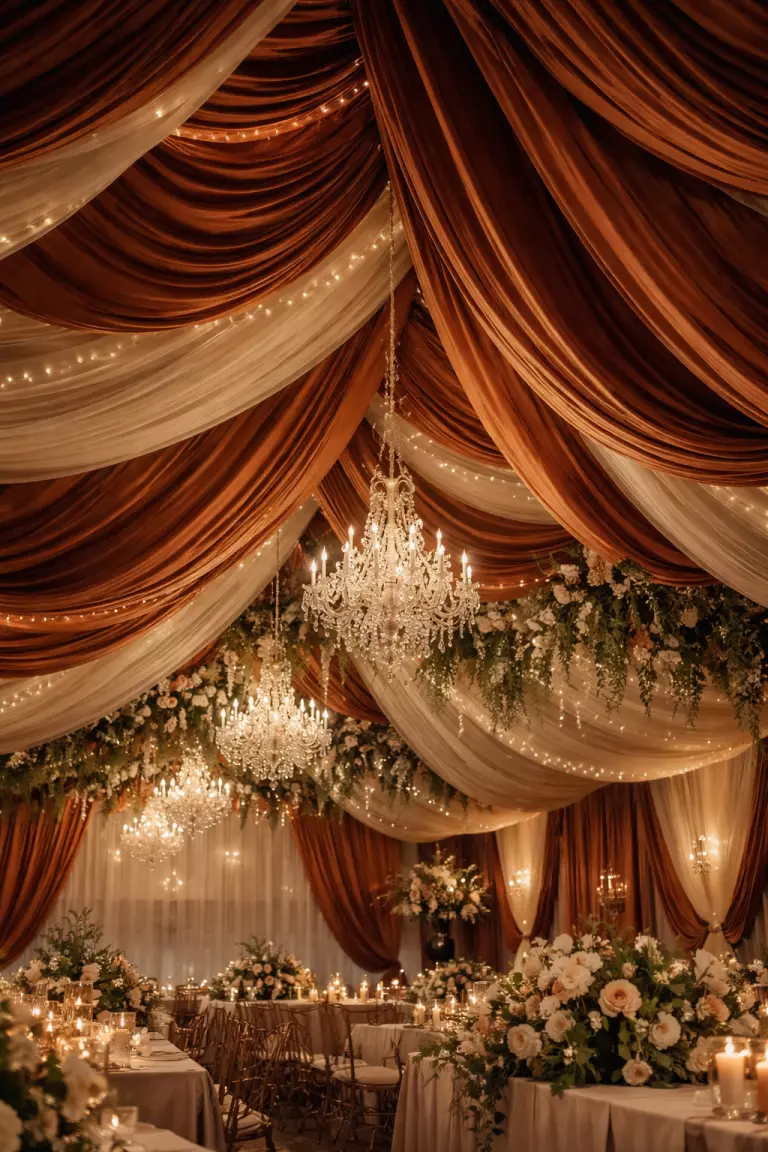 A realistic photo of a wedding venue ceiling draped with heavy swaths of terracotta velvet and sheer cream silk fabrics, creating a soft and moody cavernous effect.