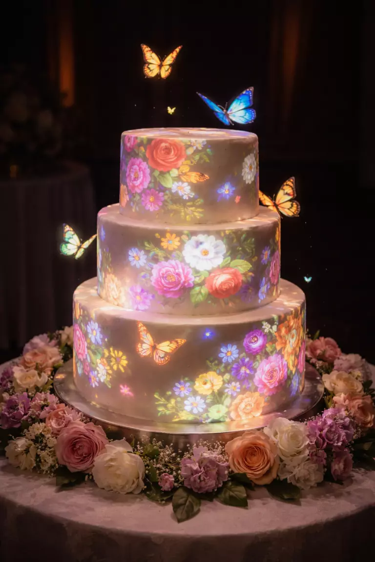 A realistic photo of a plain white tiered wedding cake sitting in a dark room with colorful floral patterns and moving butterflies projected onto its surface.