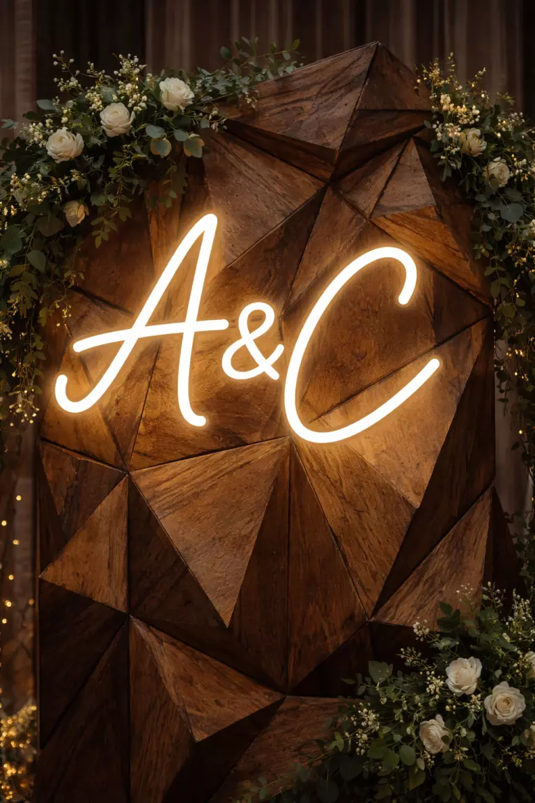 A realistic photo of a custom neon sign featuring a couple's initials in a soft warm white glow, mounted on a textured wooden geometric sculpture.