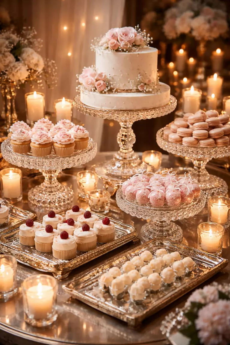 A realistic photo of a wedding dessert table with various heights of faceted crystal cake stands and vintage mirrored trays reflecting glowing candlelight.