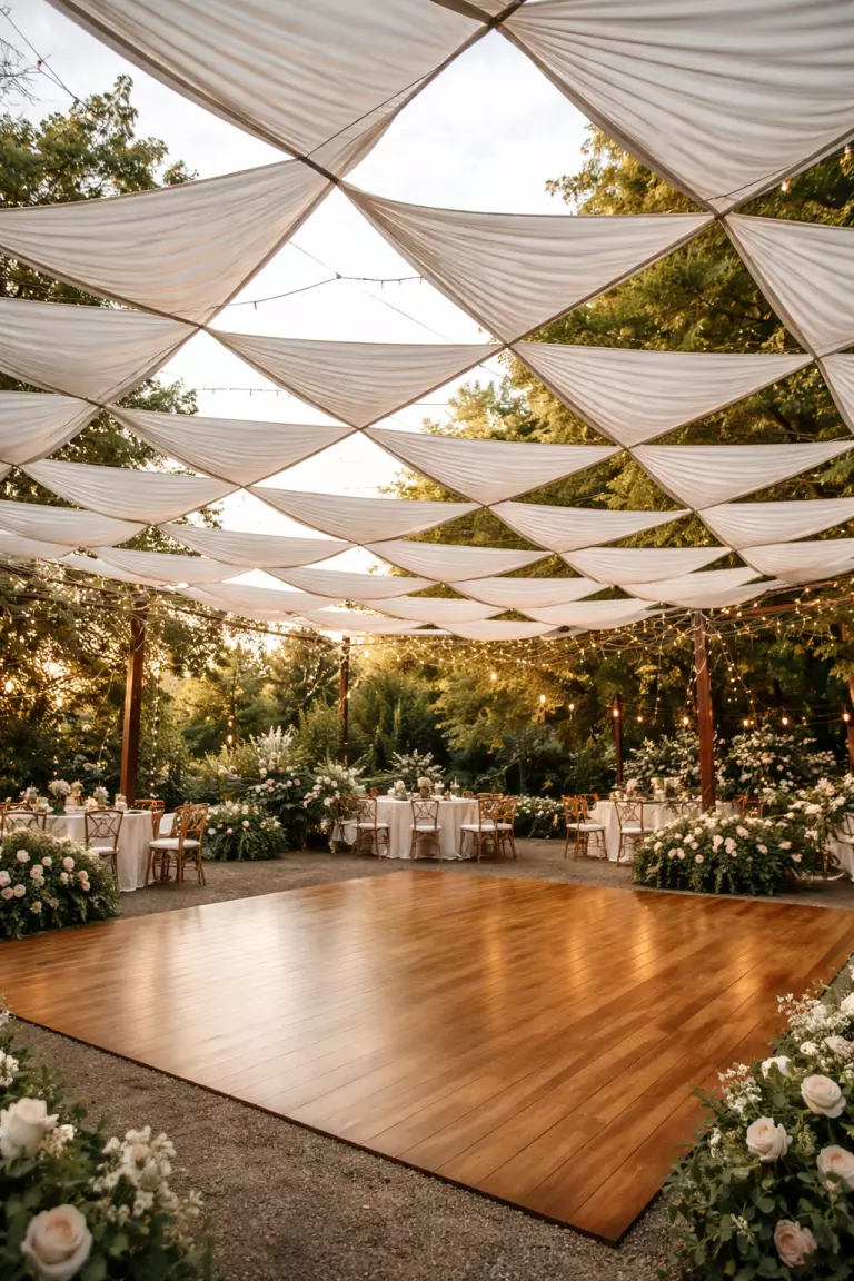 A realistic photo of a geometric fabric canopy made of taut white pleated fabric squares suspended over a wooden dance floor at an outdoor wedding.