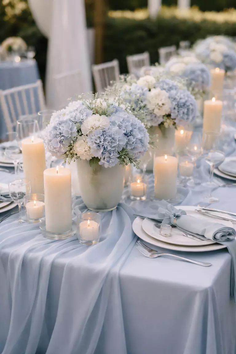 A realistic photo of a serene wedding reception table with soft azure blue silk linens, cream candles, and pale blue hydrangeas in frosted glass vases.
