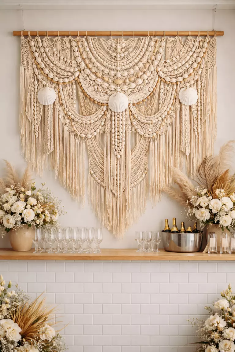 A realistic photo of a large intricate macrame wall hanging with wooden beads and seashells suspended behind a white-tiled wedding bar area.