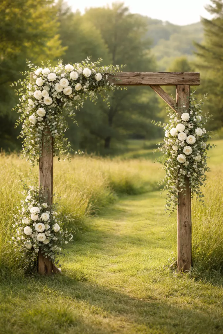 A realistic photo of a reclaimed wood wedding arch decorated with wild white roses and eucalyptus leaves standing in a grassy meadow.