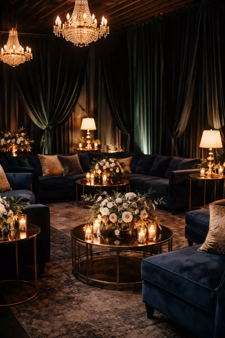 A realistic photo of a moody wedding lounge area with navy blue velvet sofas, dark emerald curtains, and brass coffee tables under dim warm lighting.