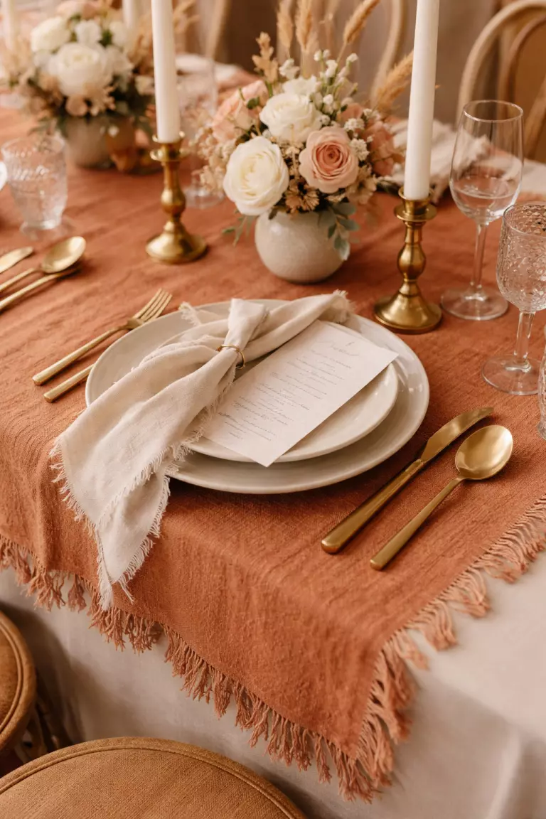 A realistic photo of a close-up wedding table setting featuring a terracotta-colored linen tablecloth with delicate fringe edges and a heavy woven texture.