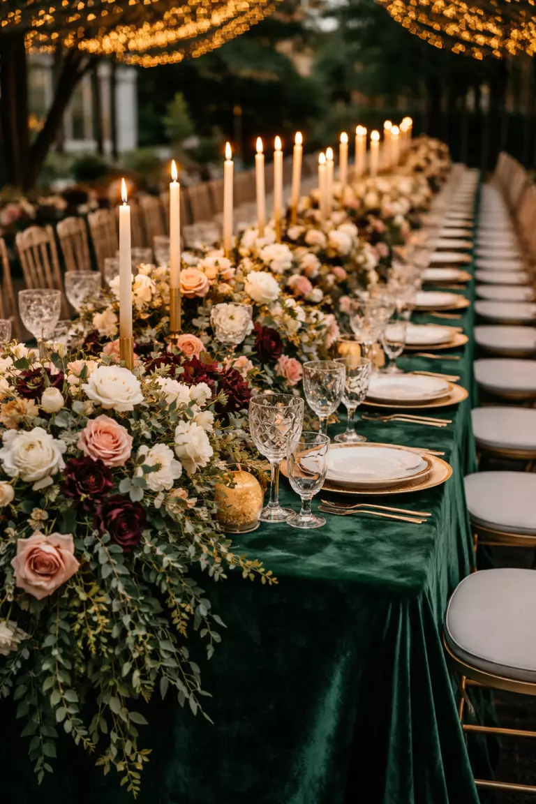 A realistic photo of a long communal wedding banquet table covered in rich emerald velvet linens, overflowing with thick floral runners, various height taper candles, and ornate crystal glassware.