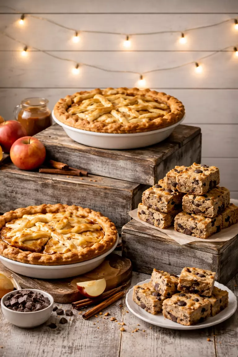 A realistic photo of apple pies and chocolate blondies on weathered gray vintage crates, set against a white shiplap backdrop with warm glowing string lights.