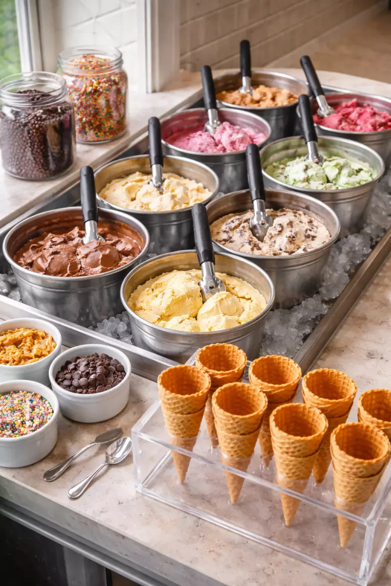 A realistic photo of an ice cream station with silver buckets of artisanal scoops, glass jars of rainbow sprinkles, and clear acrylic cone holders.
